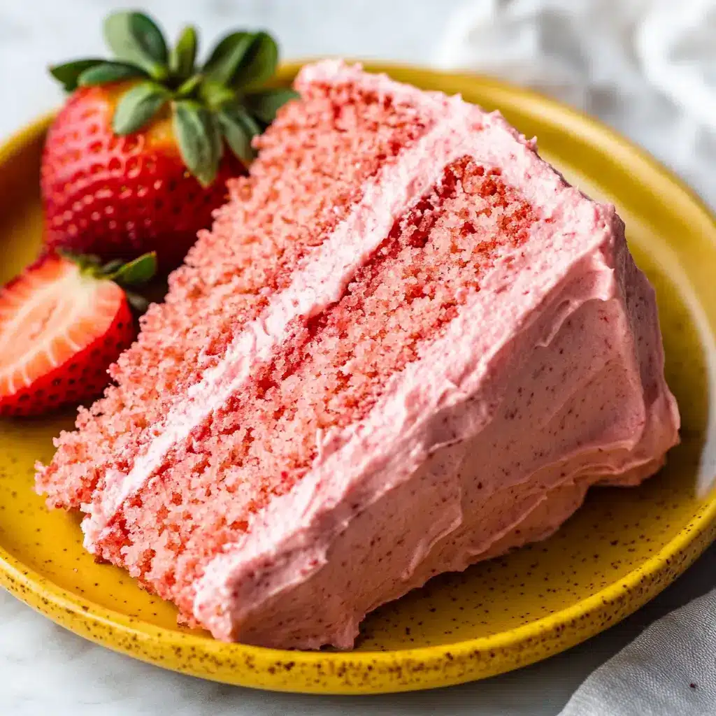 A slice of homemade strawberry cake with creamy strawberry frosting, served on a yellow plate with fresh strawberries.