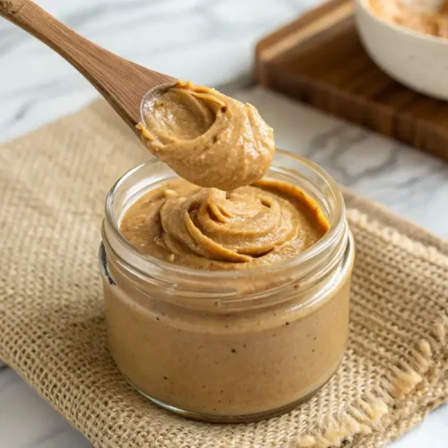 Homemade sugar-free peanut butter in a glass jar with a wooden spoon lifting a creamy swirl.