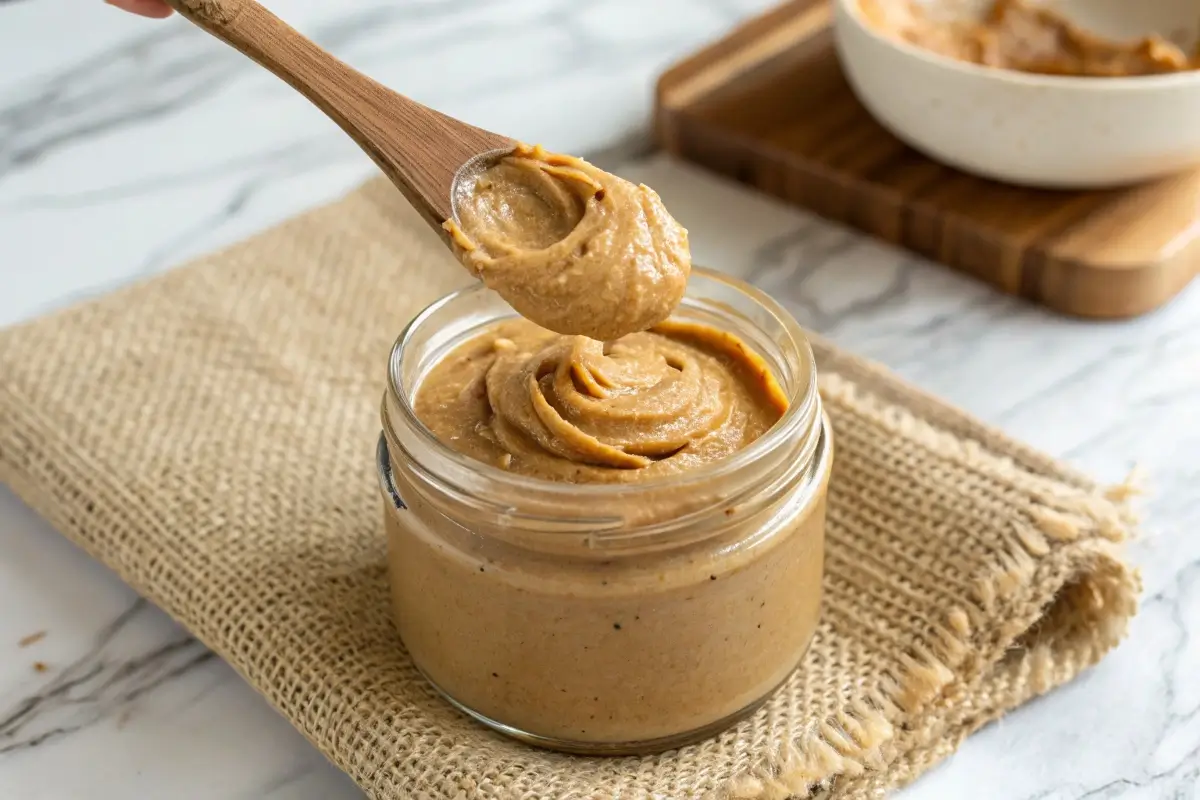 Homemade sugar-free peanut butter in a glass jar with a wooden spoon lifting a creamy swirl.