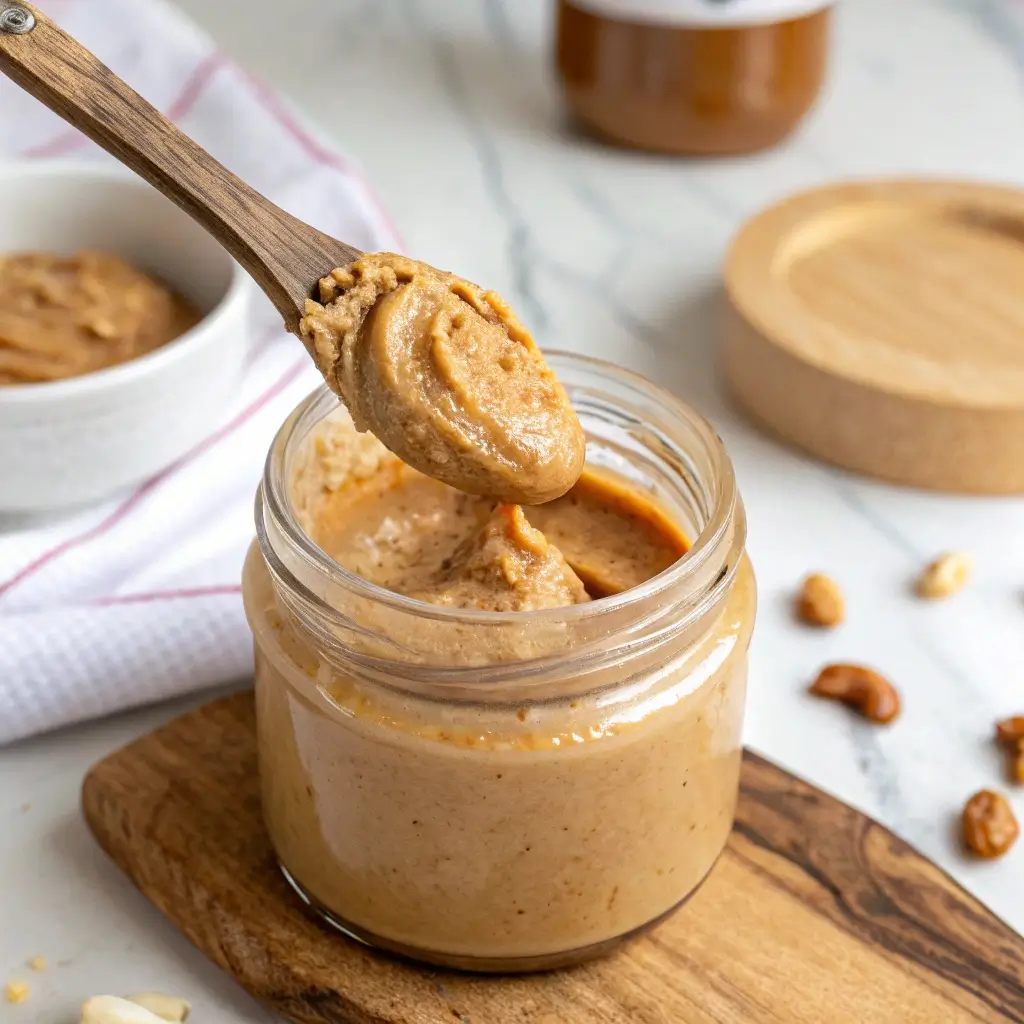 Freshly made sugar-free peanut butter in a glass jar with a wooden spoon scooping a creamy swirl.