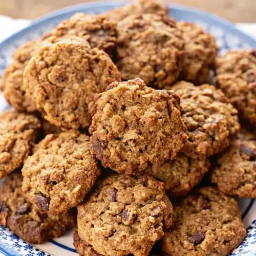 A plate of freshly baked Cowboy Cookies with a golden-brown, chewy texture, studded with chocolate chips, oats, and pecans.