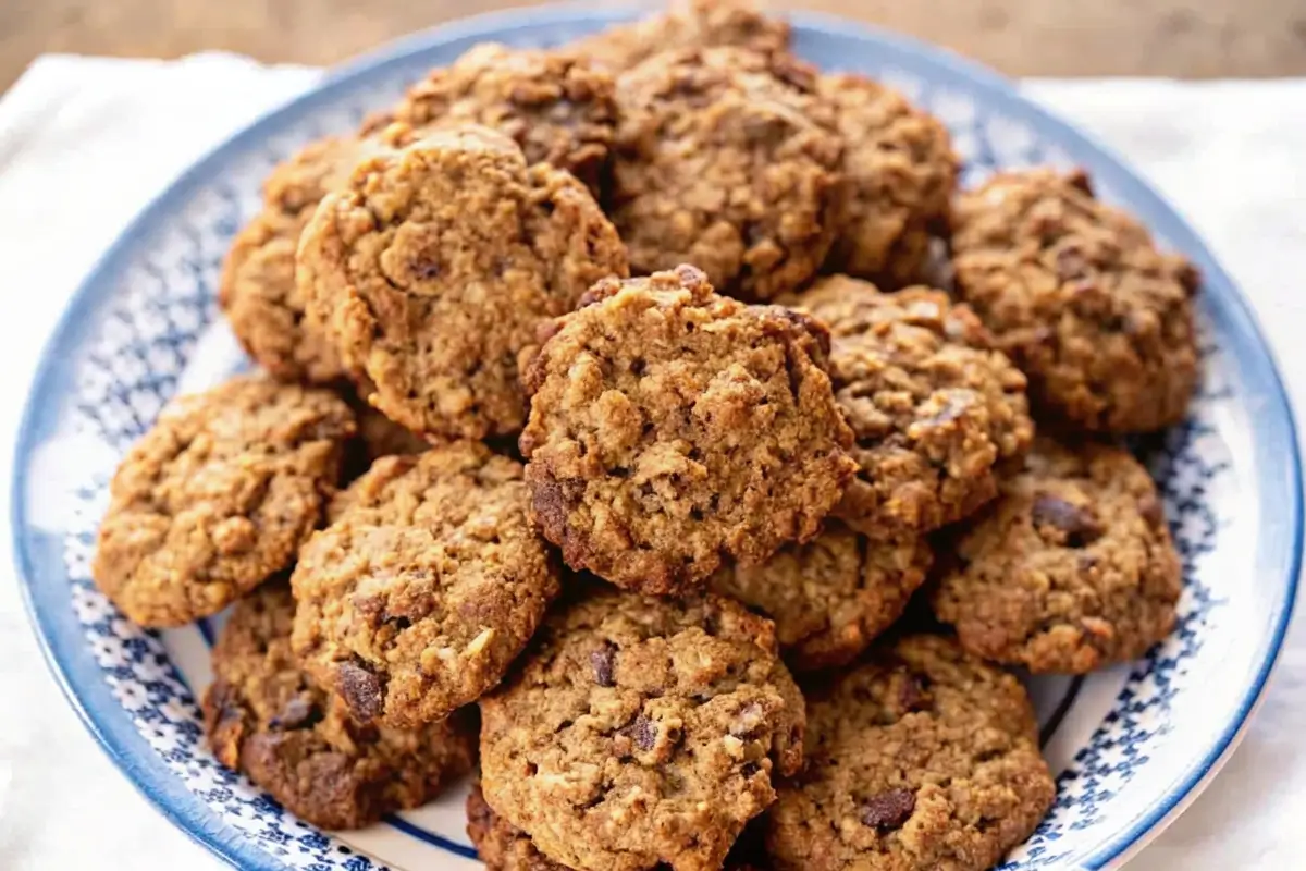 A plate of freshly baked Cowboy Cookies with a golden-brown, chewy texture, studded with chocolate chips, oats, and pecans.