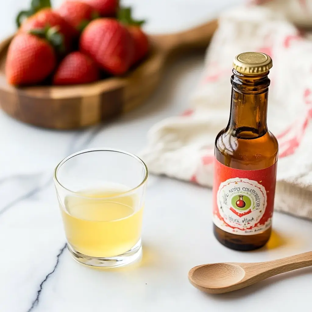 A glass of lemon juice and a bottle of vanilla extract on a marble countertop, with fresh strawberries in the background.