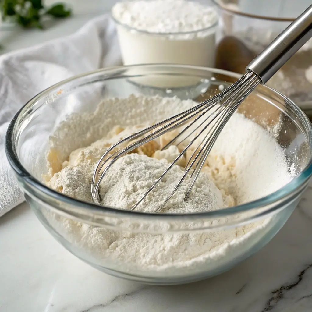 A glass mixing bowl filled with sifted flour and other dry ingredients, with a stainless steel whisk resting inside, ready for baking.