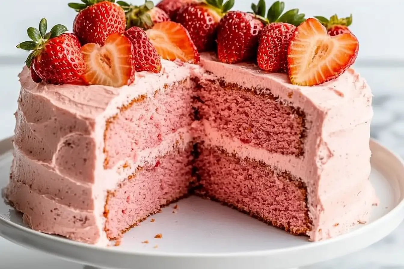 Moist homemade strawberry cake with cream cheese frosting and fresh strawberries on top