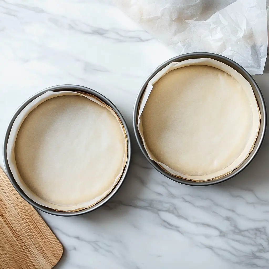 Two round cake pans lined with parchment paper, ready for baking