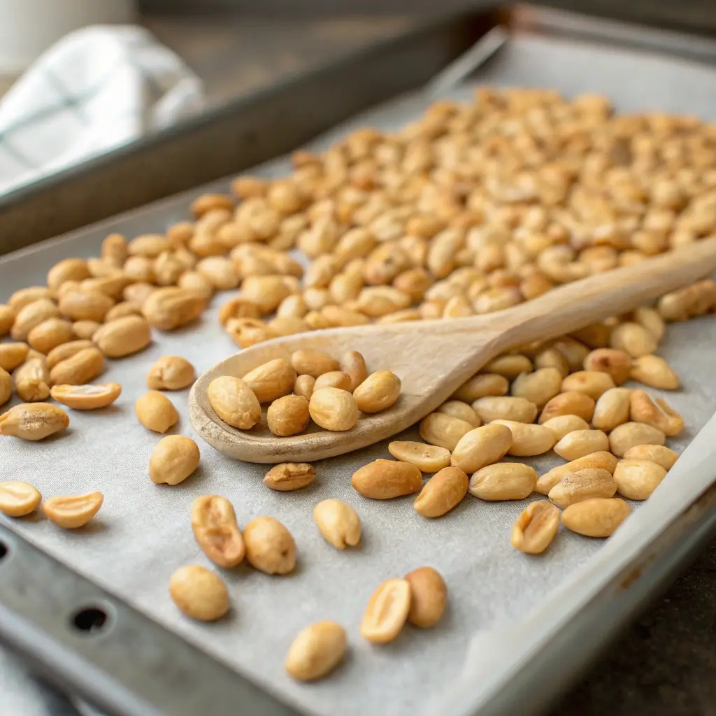 Roasted peanuts on a parchment-lined baking sheet with a wooden spoon.