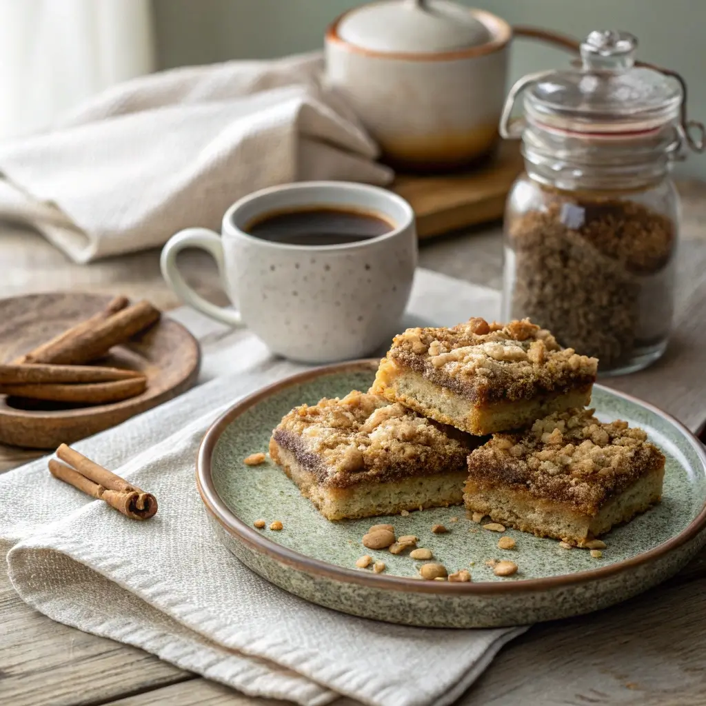 Freshly baked coffee cake oatmeal bars served with a cup of coffee.