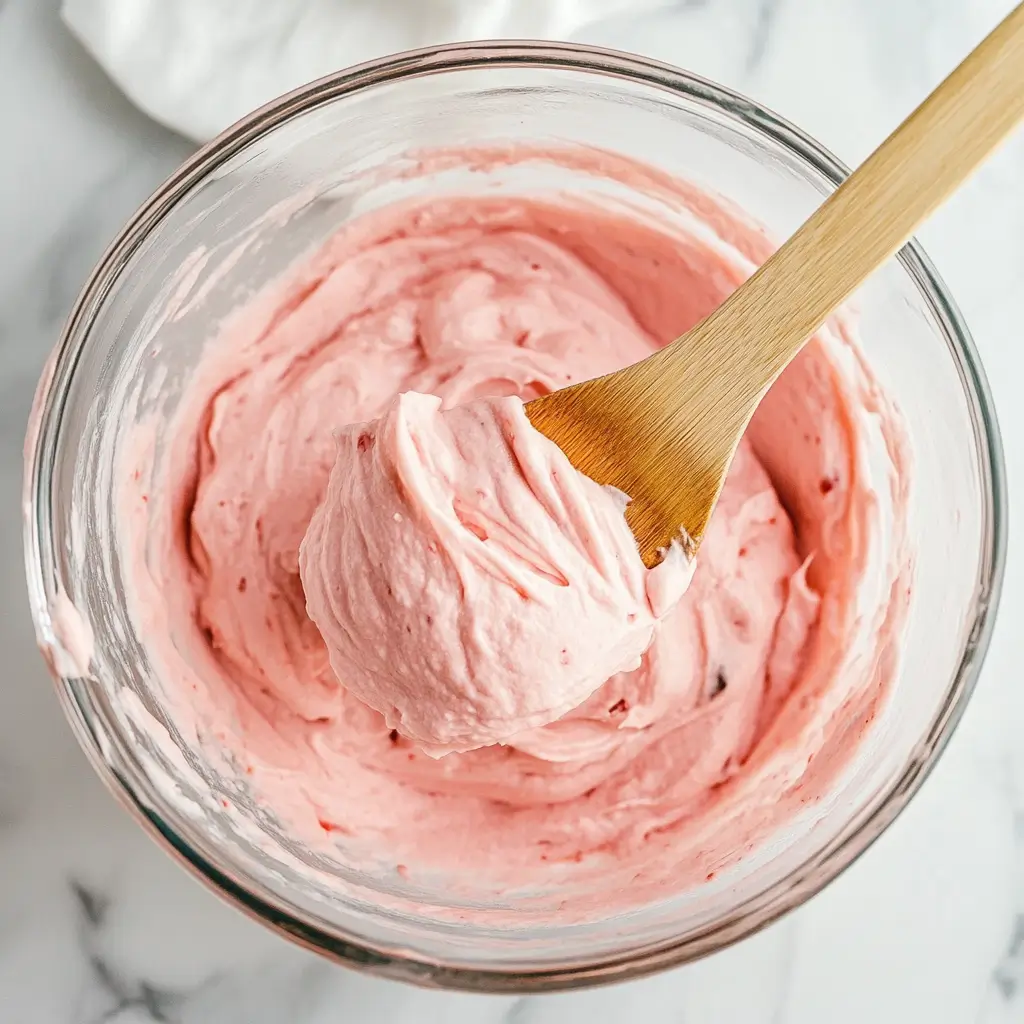 Freshly mixed strawberry cake batter in a glass bowl with a wooden spatula.