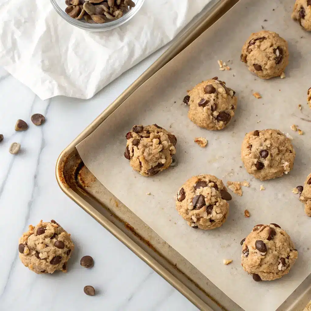 Unbaked Cowboy Cookie dough balls on a parchment-lined baking sheet, filled with chocolate chips, oats, and pecans.