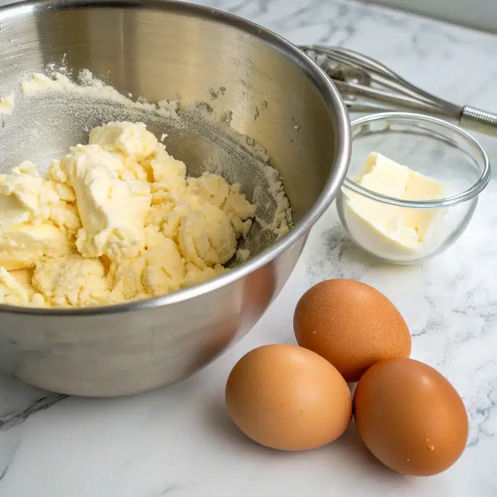 creamed-butter-sugar-eggs-blueberry-lemon-bundt-cake Creamed butter and sugar in a mixing bowl with eggs and butter on marble countertop