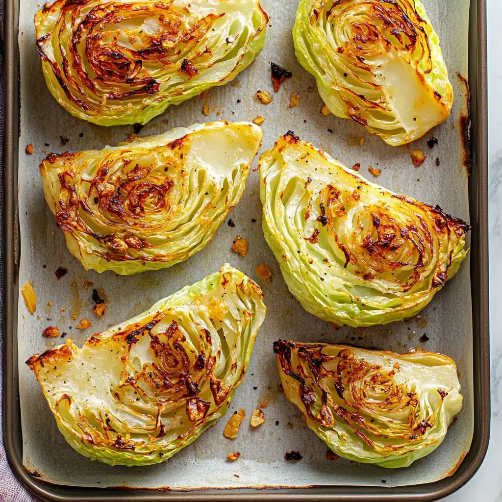 crispy-roasted-cabbage-wedges-baking-tray Roasted cabbage wedges with crispy caramelized edges on a parchment-lined baking sheet