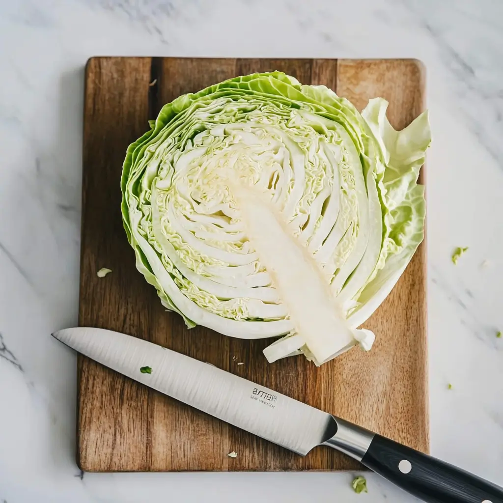 how-to-cut-cabbage-core-removal Fresh green cabbage sliced in half on a wooden cutting board with a chef’s knife on a white marble counter