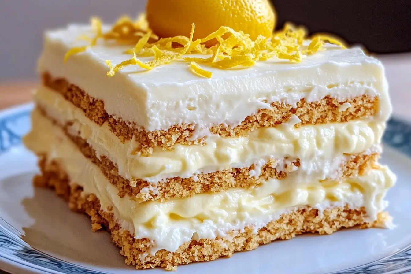 Lemon Icebox Cake with layers of graham crackers, lemon filling, and whipped cream topped with fresh lemon zest and a whole lemon.