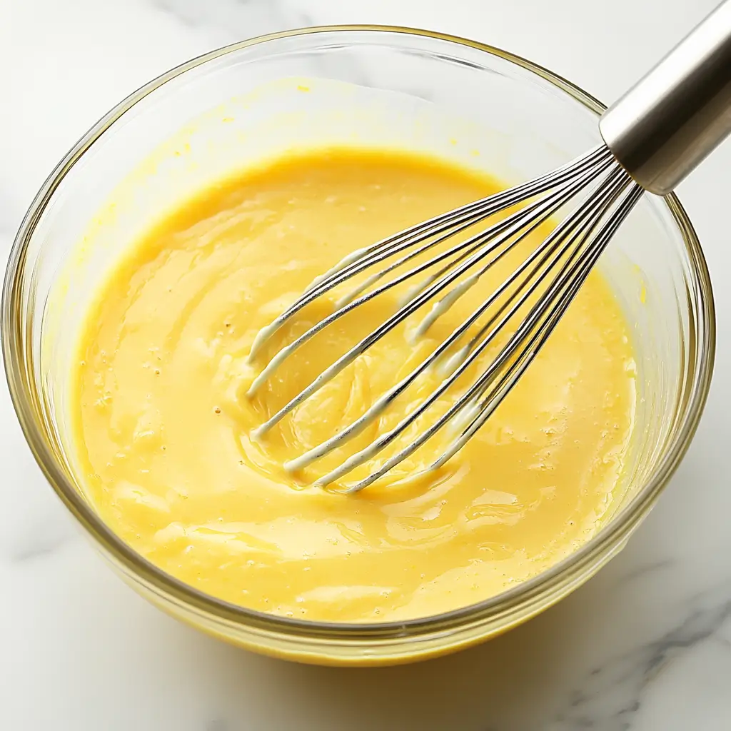 lemon-mixture-whisked-in-bowl Close-up of a lemon mixture being whisked in a clear glass bowl on a white marble countertop.