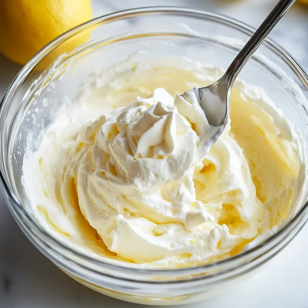 lemon-whipped-cream-mixture Lemon mixture and whipped cream combined in a glass bowl with a spoon.
