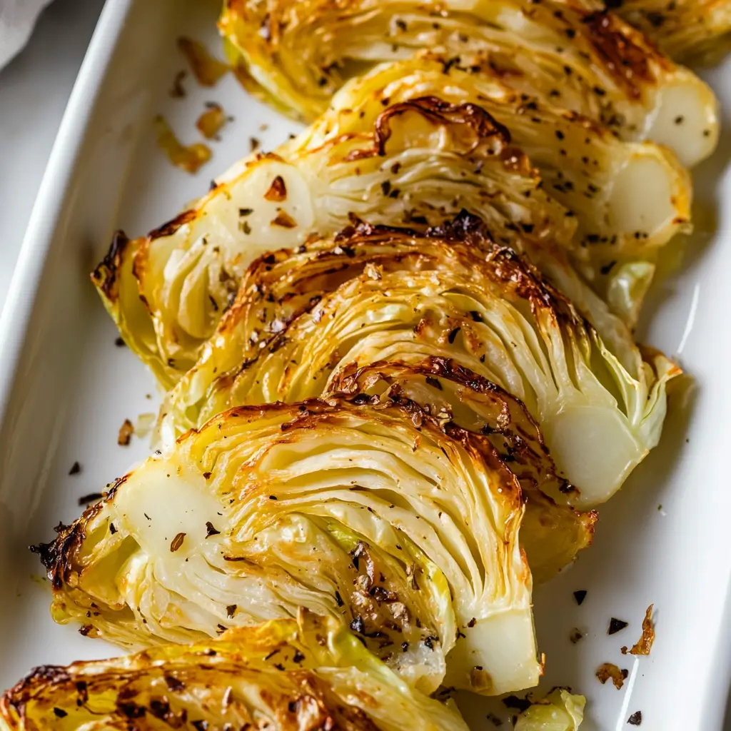 oven-roasted-cabbage-wedges-plated Oven-roasted cabbage wedges served on a white platter with crispy edges and black pepper seasoning