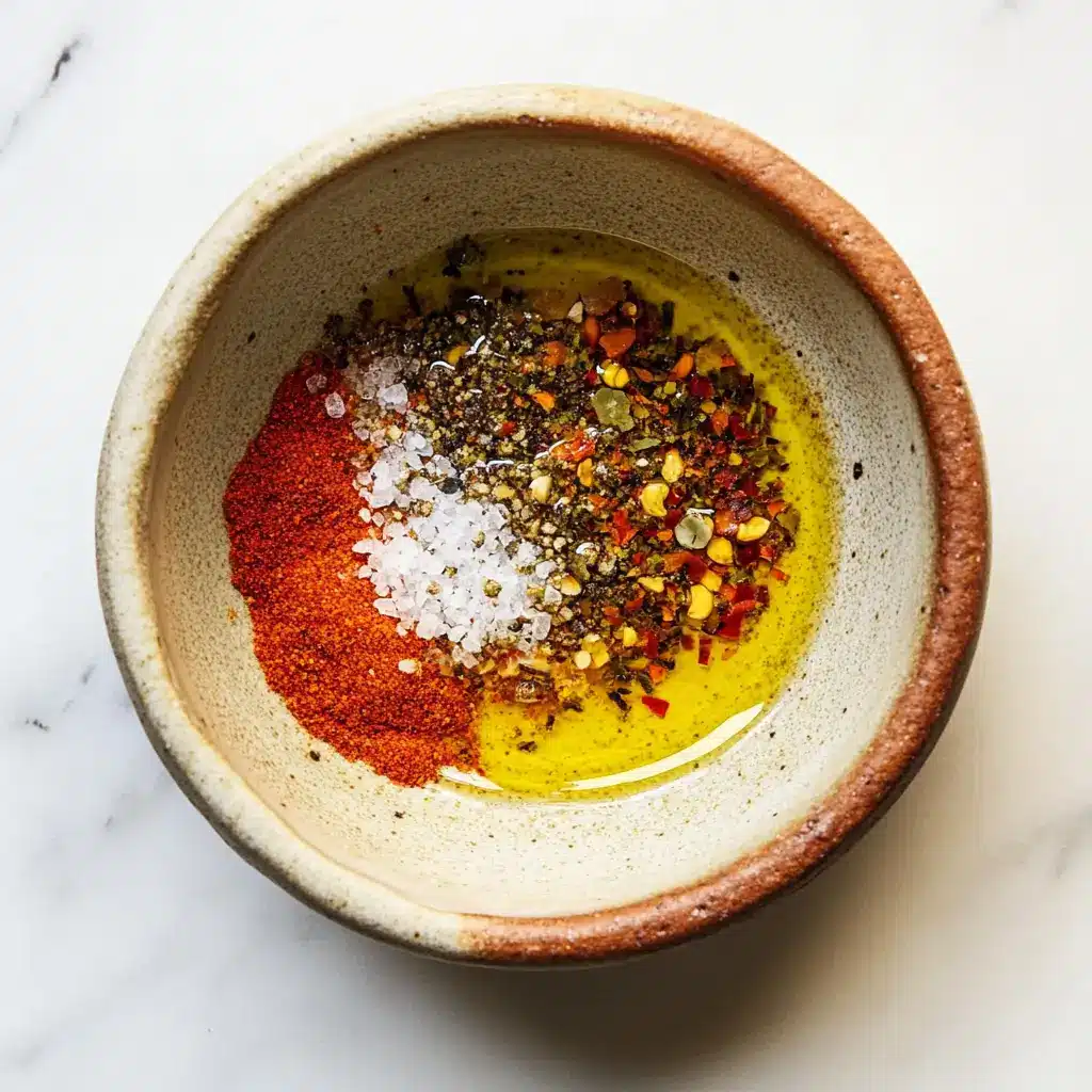 roasted-cabbage-spice-mix-in-oil Olive oil mixed with spices, sea salt, paprika, black pepper, and chili flakes in a ceramic bowl on a white marble surface