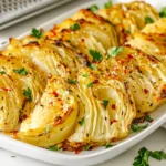 Roasted cabbage wedges on a white platter garnished with fresh parsley, chili flakes, and sea salt