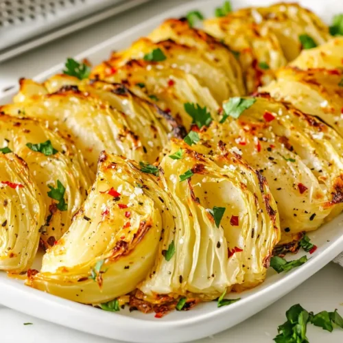 Roasted cabbage wedges on a white platter garnished with fresh parsley, chili flakes, and sea salt