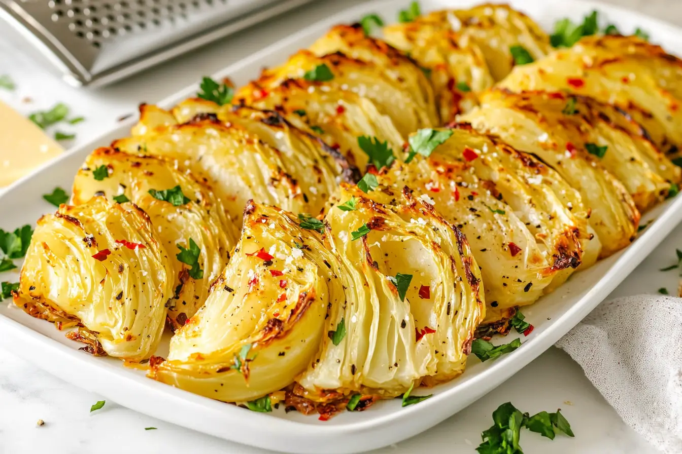 Roasted cabbage wedges on a white platter garnished with fresh parsley, chili flakes, and sea salt