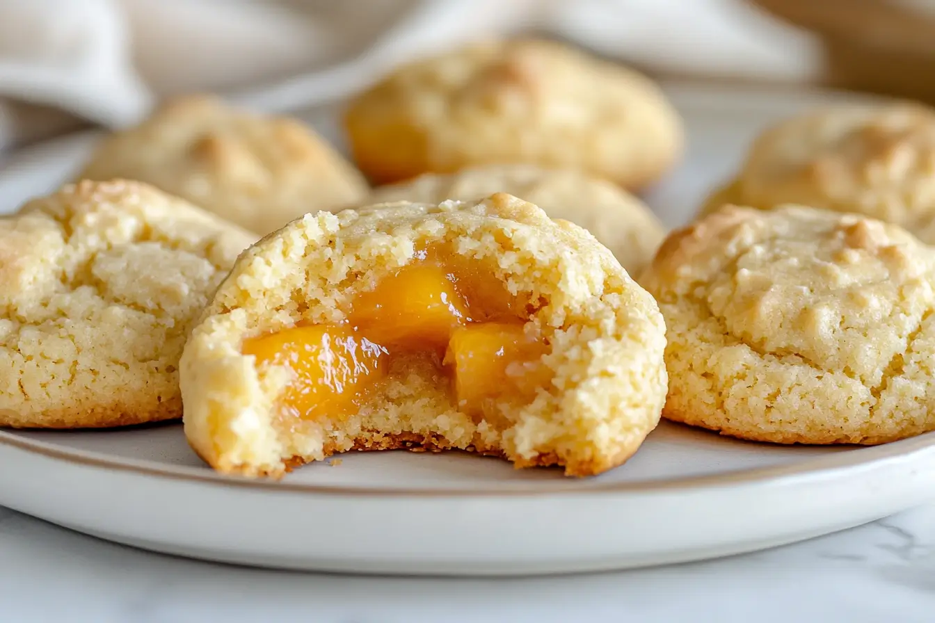 Close-up of peach cobbler cookie with gooey peach filling on a ceramic plate