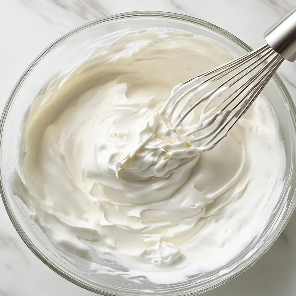 whipped-cream-in-glass-bowl Close-up of whipped cream in a glass bowl with a stainless steel whisk.