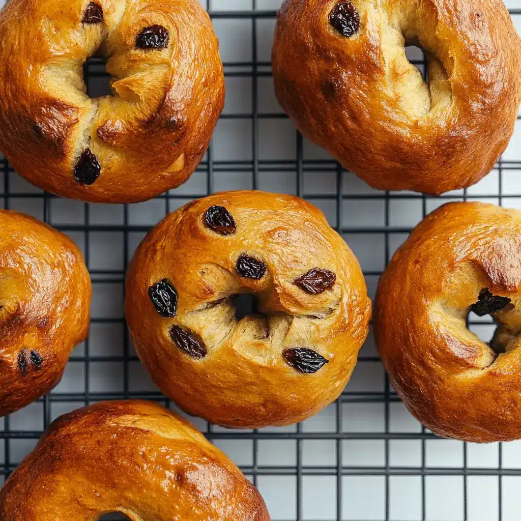 baked-cinnamon-raisin-bagels-on-cooling-rack Freshly baked cinnamon raisin bagels cooling on a black wire rack
