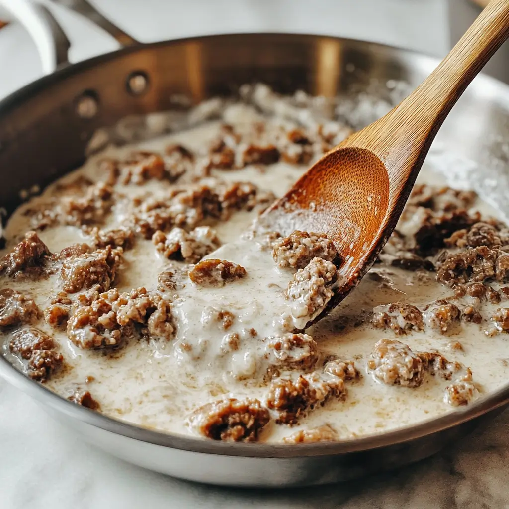 Beef sausage gravy simmering in a stainless steel skillet with a wooden spoon