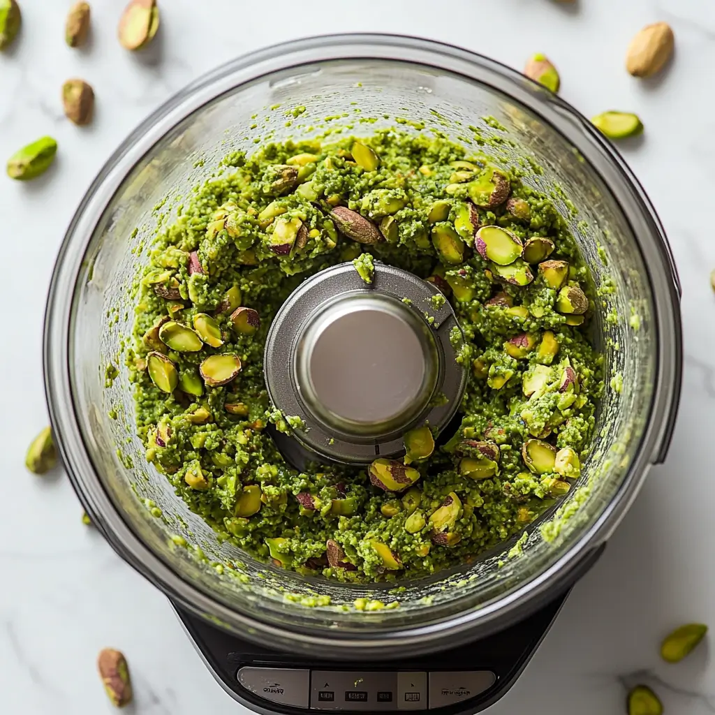blending-pistachios-for-pistachio-cream Crushed pistachios in a food processor during pistachio cream preparation