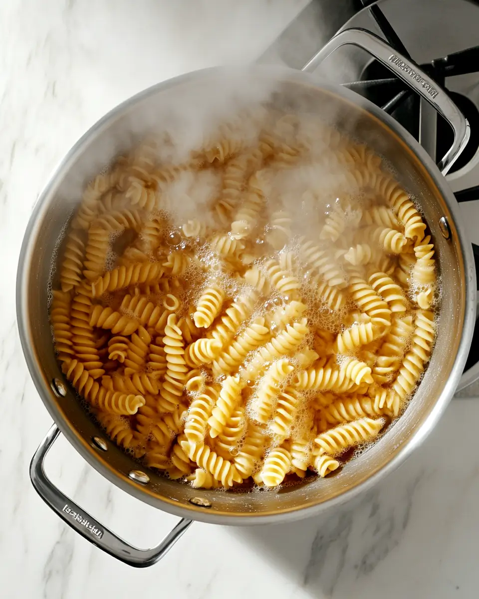 boiling-rotini-pasta-white-marble Rotini pasta boiling in a stainless steel pot on a white marble countertop