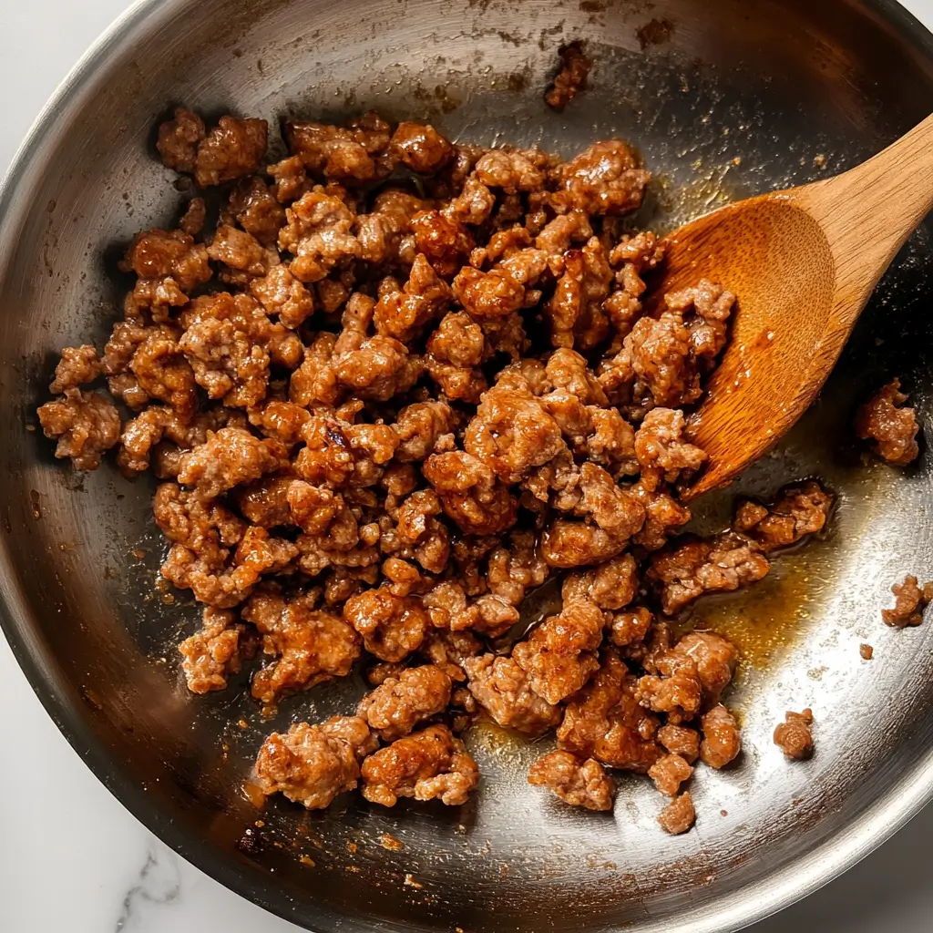 Browned ground beef sausage in a stainless steel skillet with a wooden spoon