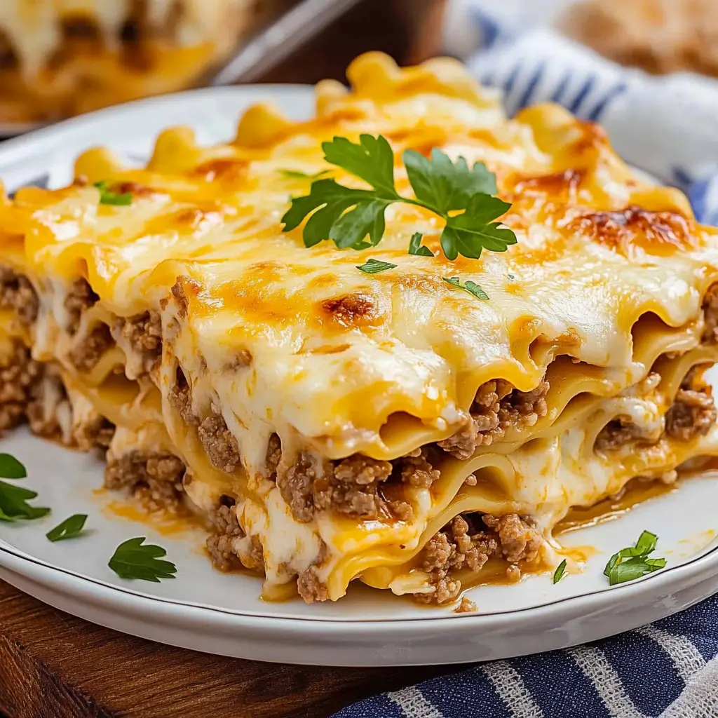 Cheesy taco lasagna slice layered with noodles, ground beef, and melted cheese
