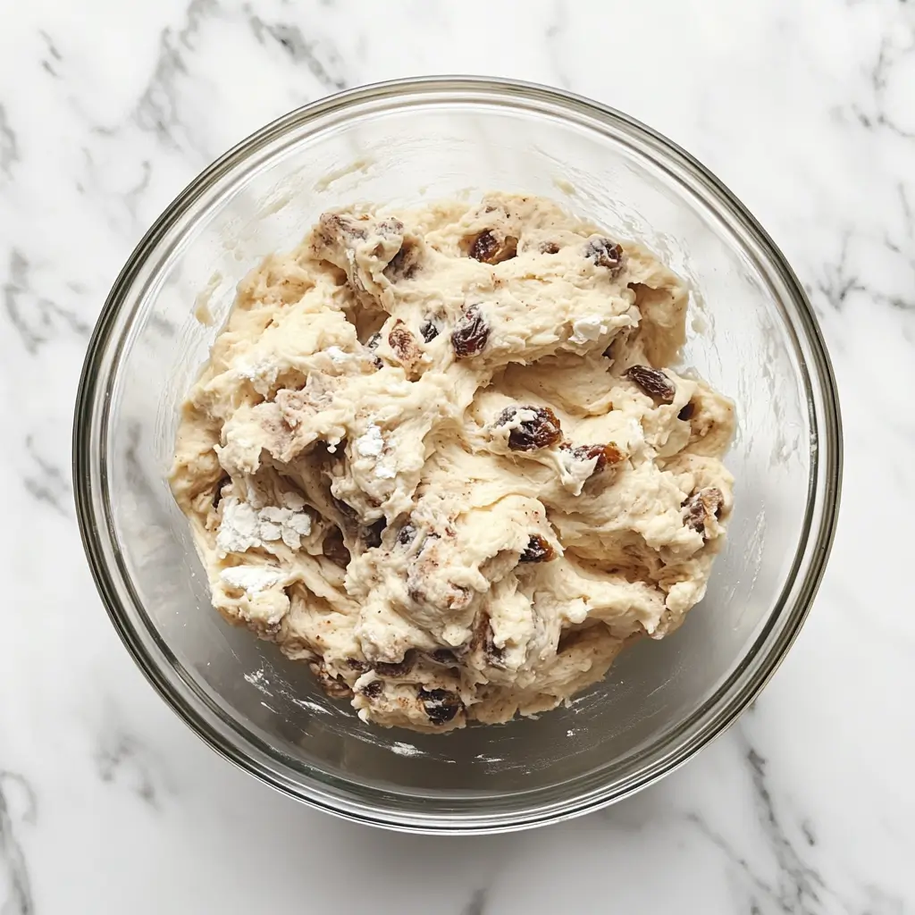 cinnamon-raisin-bagel-dough-mixed Cinnamon raisin bagel dough mixed in a glass bowl on white marble