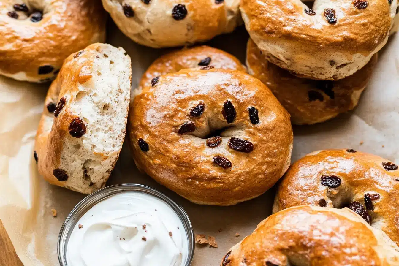 Cinnamon raisin bagels served with cream cheese on parchment paper
