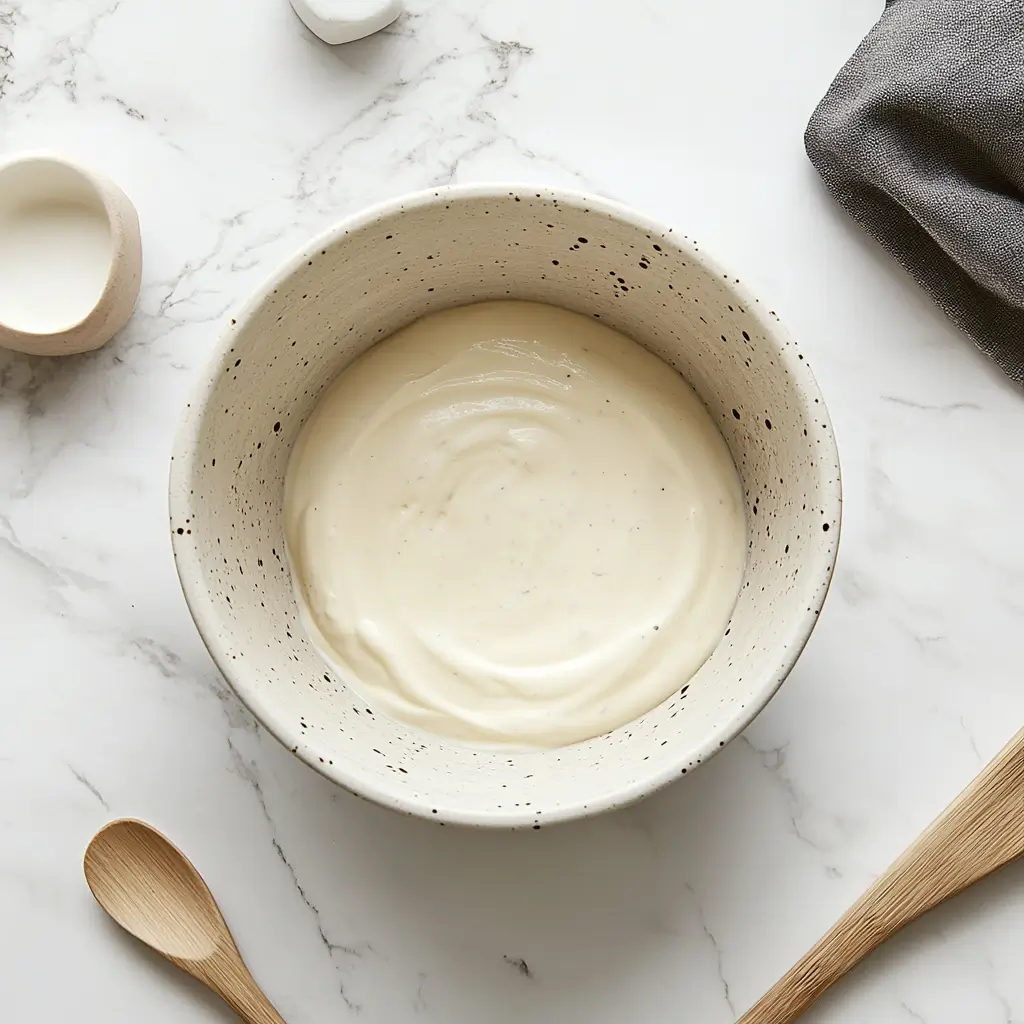 cream-cheese-filling-rhubarb-bars Cream cheese filling for creamy rhubarb cream cheese bars in a ceramic bowl