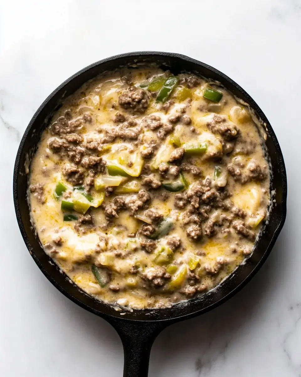 creamy-cheesesteak-beef-sauce-skillet Creamy cheese sauce with ground beef and green bell peppers in a cast iron skillet