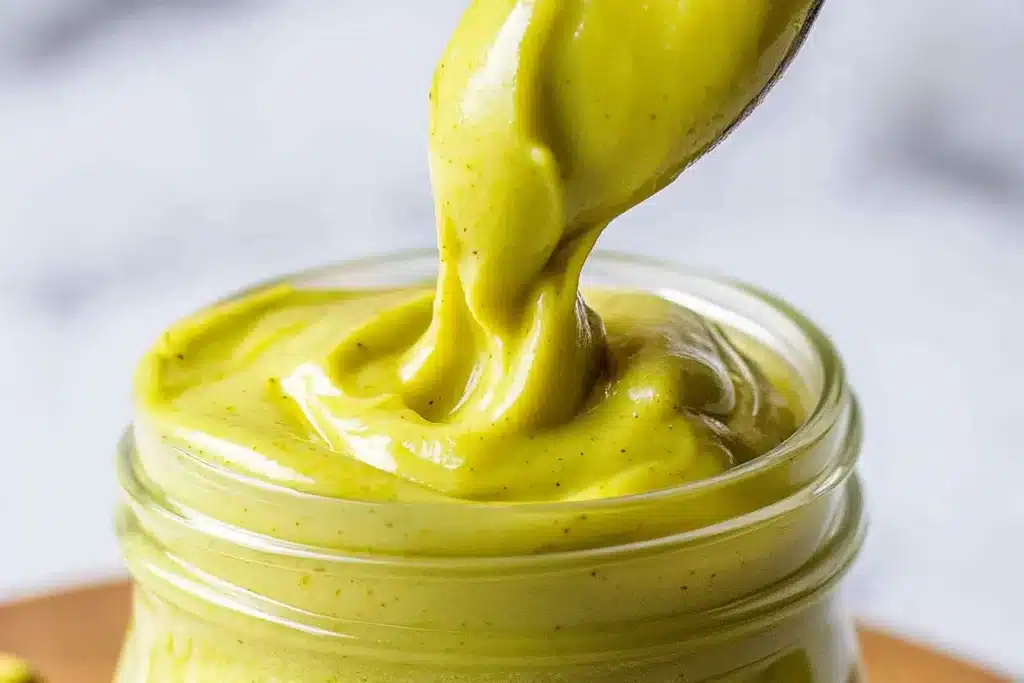 Close-up of creamy homemade pistachio cream recipe being spooned from a glass jar
