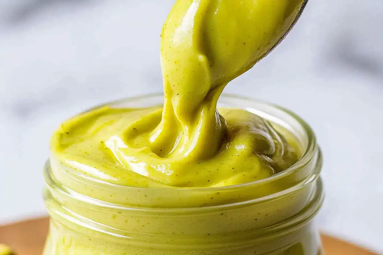 Close-up of creamy homemade pistachio cream recipe being spooned from a glass jar
