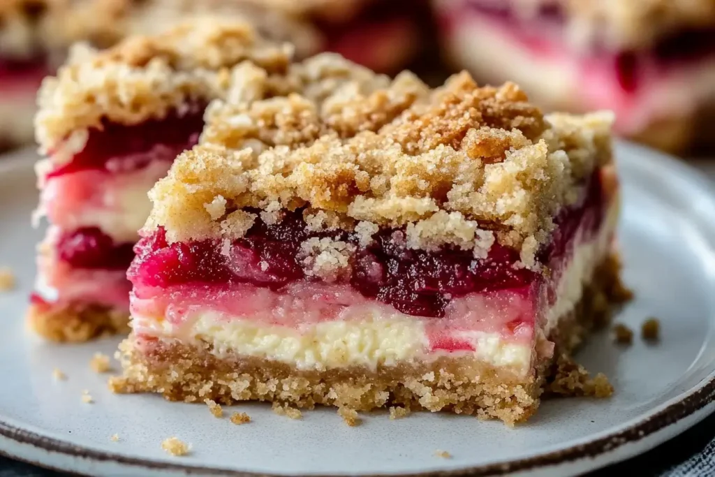 Creamy rhubarb cream cheese bar with oat crumble topping on a plate