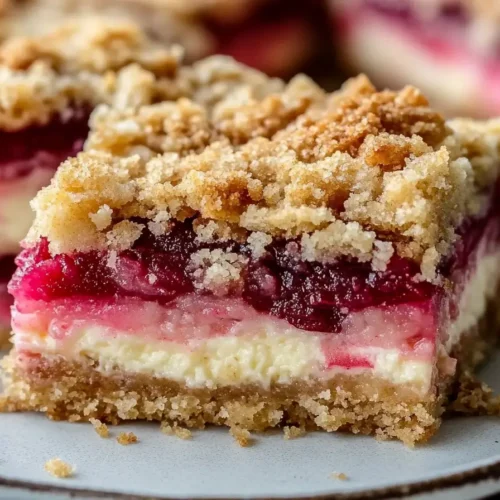 Creamy rhubarb cream cheese bar with oat crumble topping on a plate