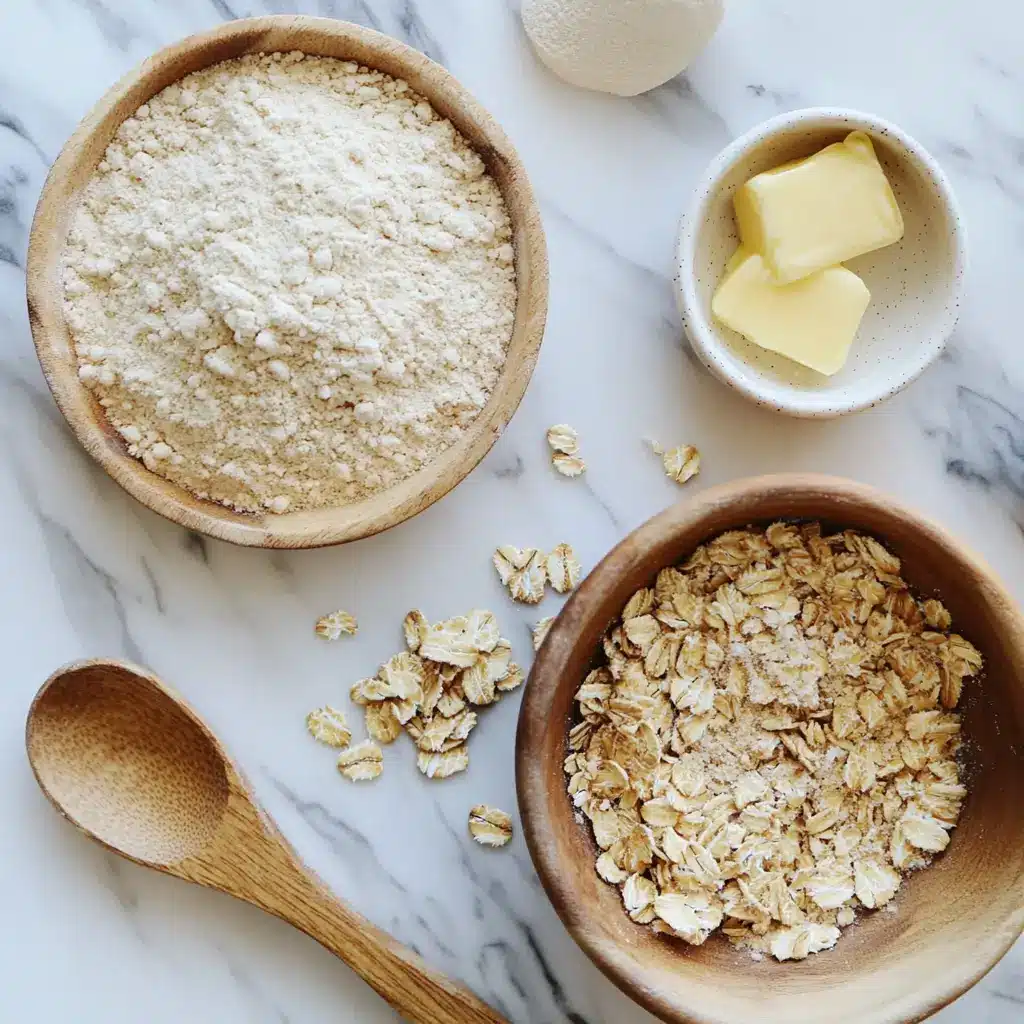 crust-ingredients-rhubarb-cream-cheese-bars Flour, oats, and butter for creamy rhubarb cream cheese bars crust