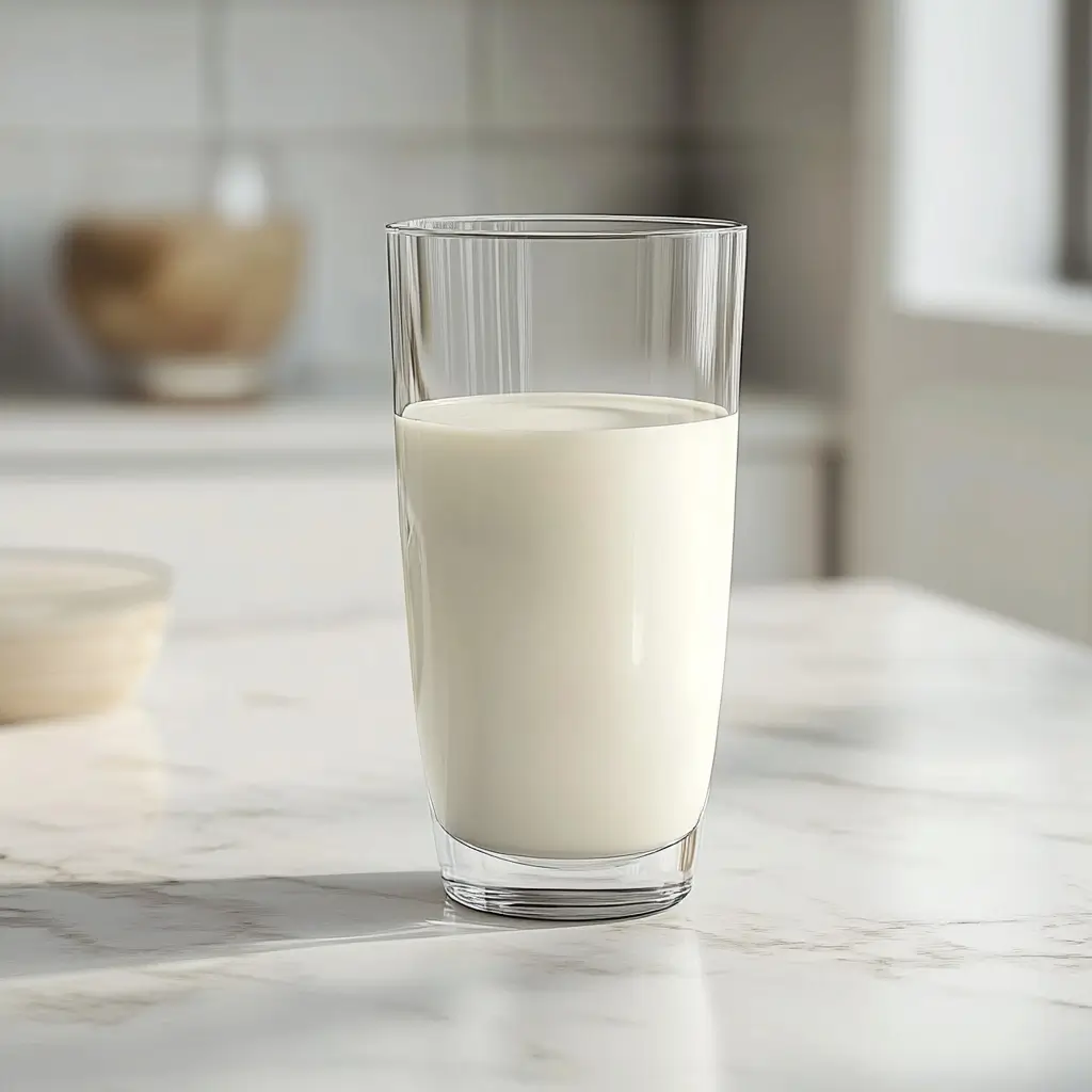 glass-of-milk-for-pistachio-cream-recipe Glass of whole milk on a white marble kitchen countertop