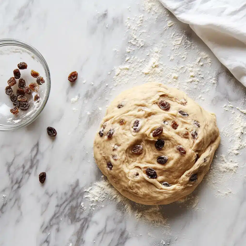kneaded-cinnamon-raisin-dough-on-marble Kneaded cinnamon raisin bagel dough on a floured marble countertop