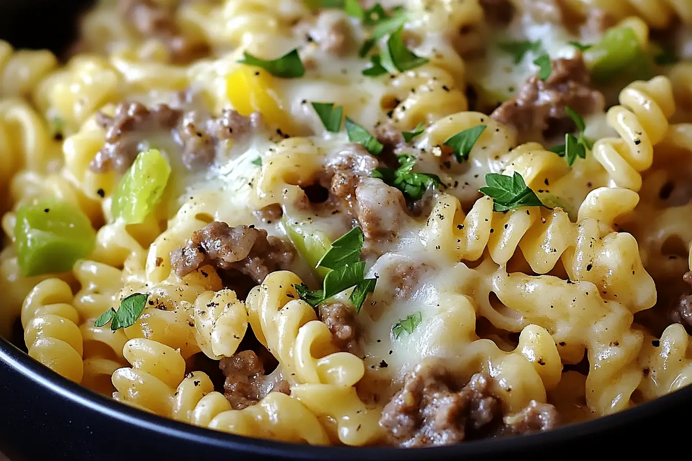 Philly Cheesesteak Pasta with ground beef, green bell peppers, and melted cheese