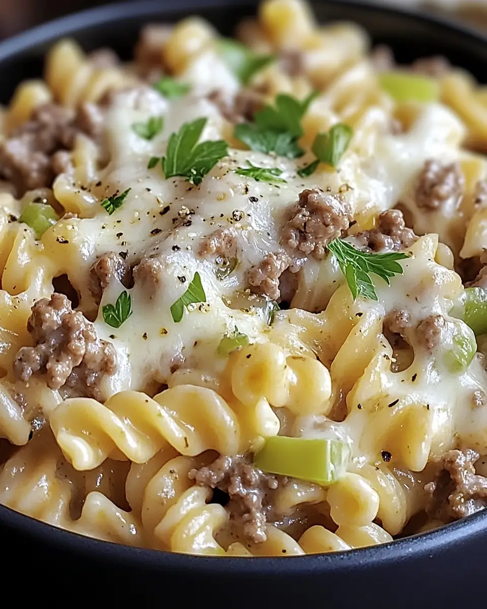 philly-cheesesteak-pasta-melted-cheese-bowl Philly Cheesesteak Pasta with melted cheese, ground beef, and green bell peppers in a black bowl