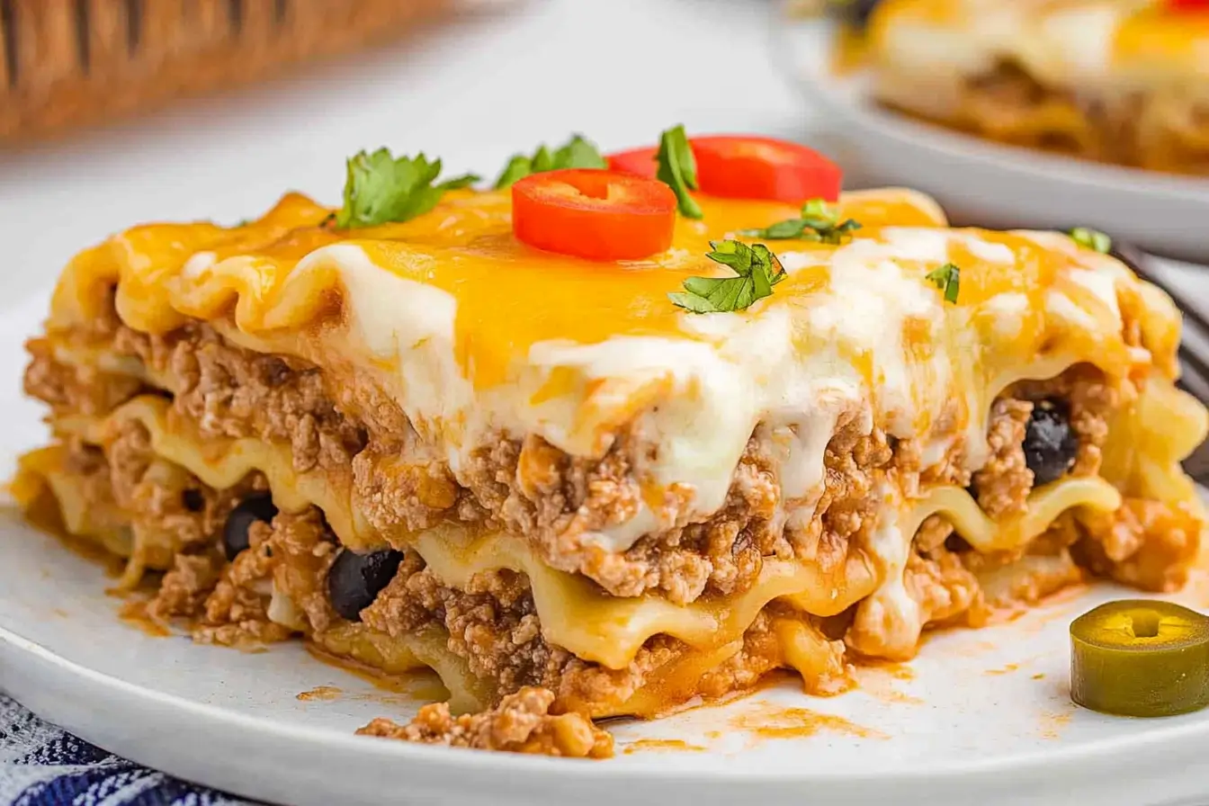 Plated slice of taco lasagna with noodles, ground beef, and melted cheese