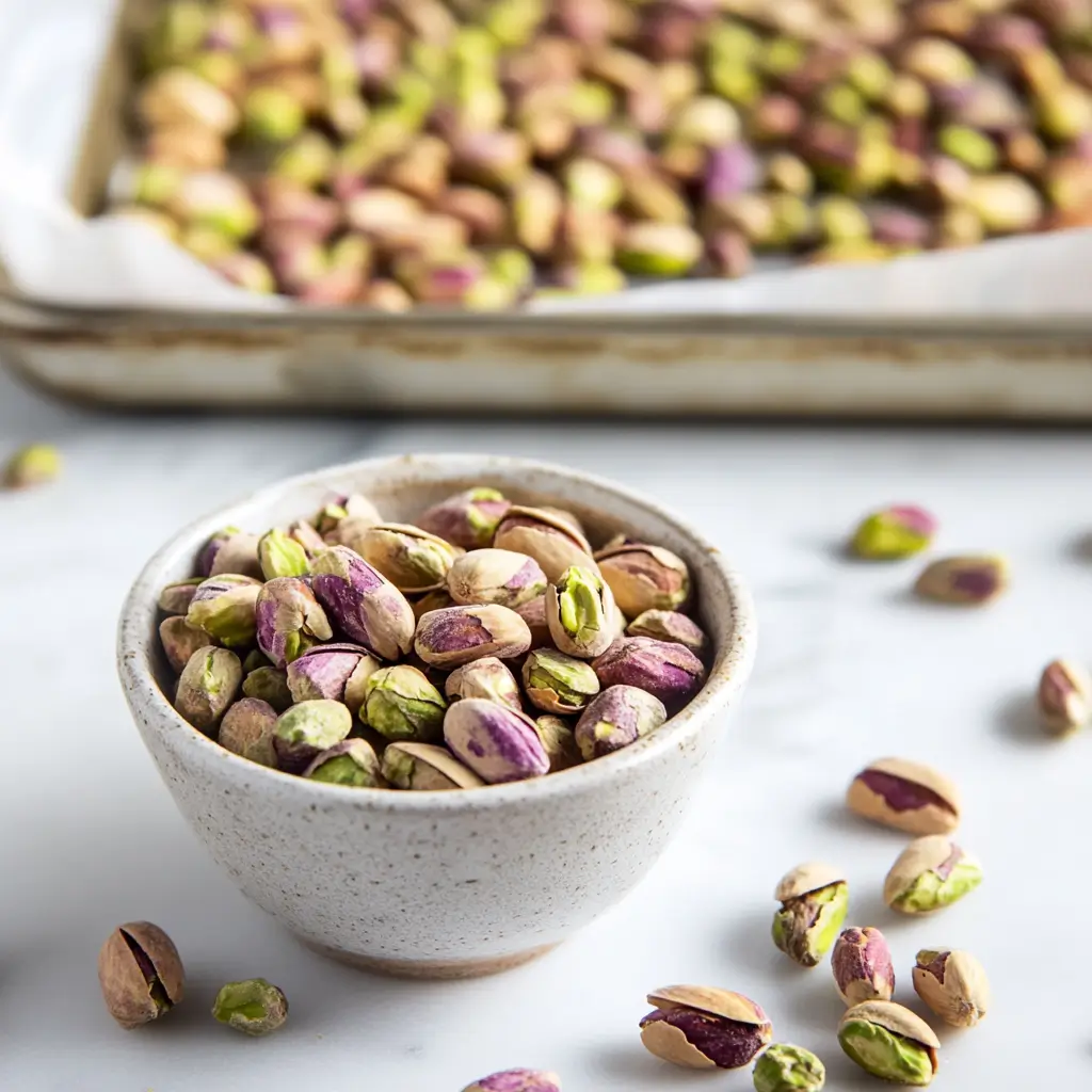 raw-pistachios-in-bowl-for-pistachio-cream Bowl of raw pistachios on a marble counter with baking tray in background