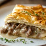 Triangular slice of sausage gravy biscuit pie with creamy beef filling and flaky golden crust