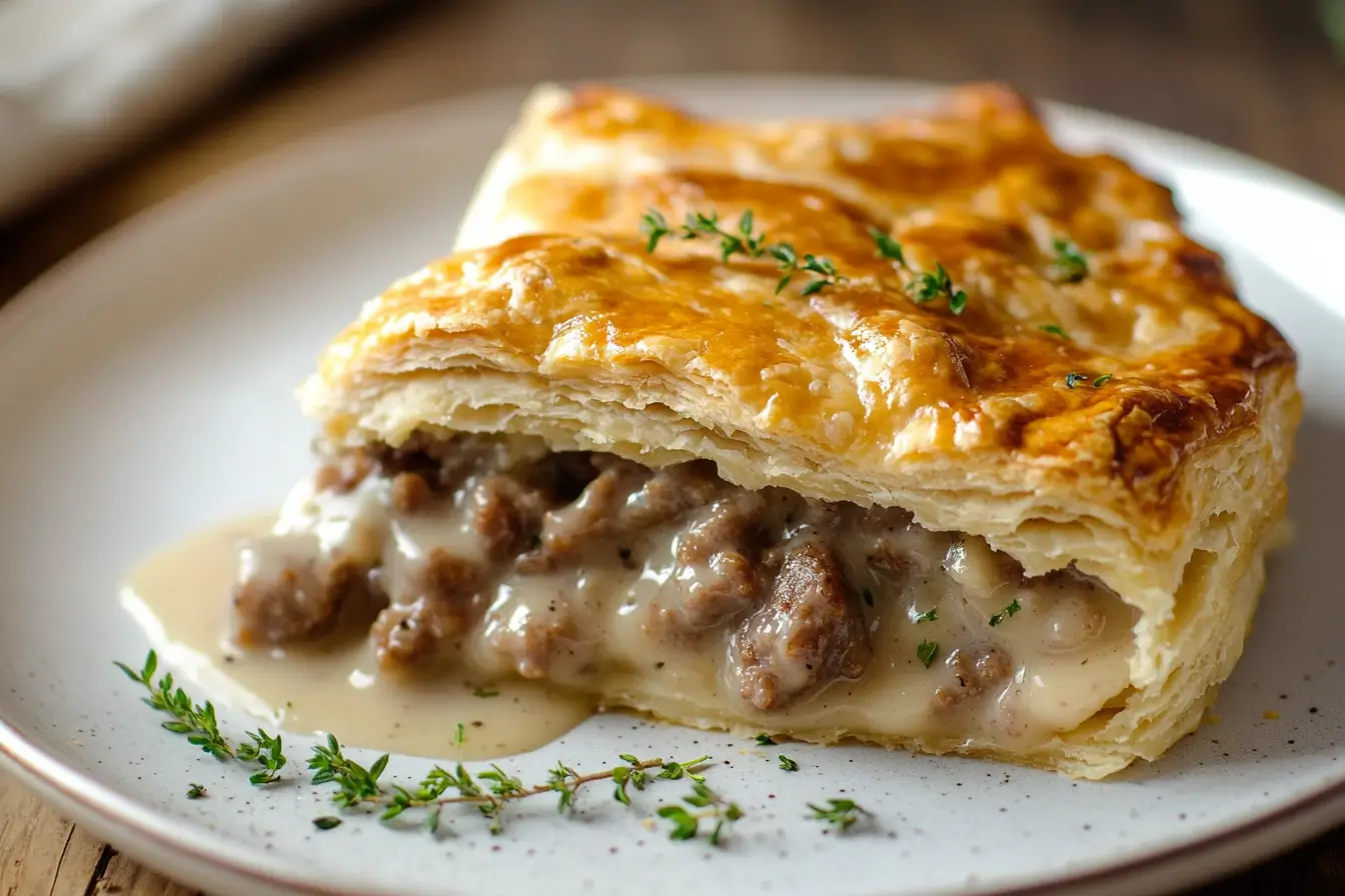 Triangular slice of sausage gravy biscuit pie with creamy beef filling and flaky golden crust
